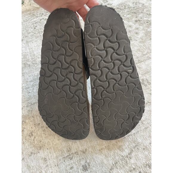 Birkenstock Size 39 Gizeh Birko Flor Sandals Black Leather Buckle Preloved - Picture 10 of 11